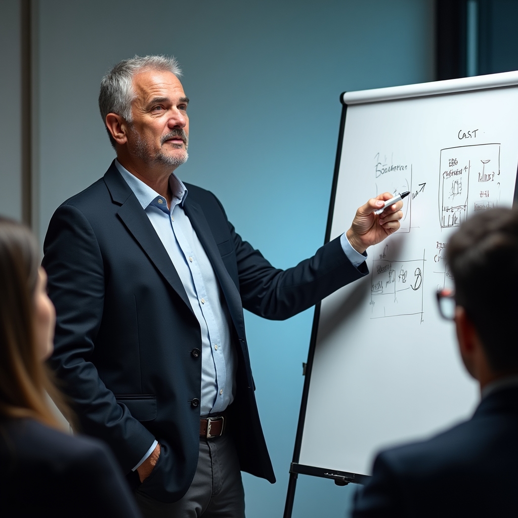 Dozent erklärt Kostenrechnung an der Tafel