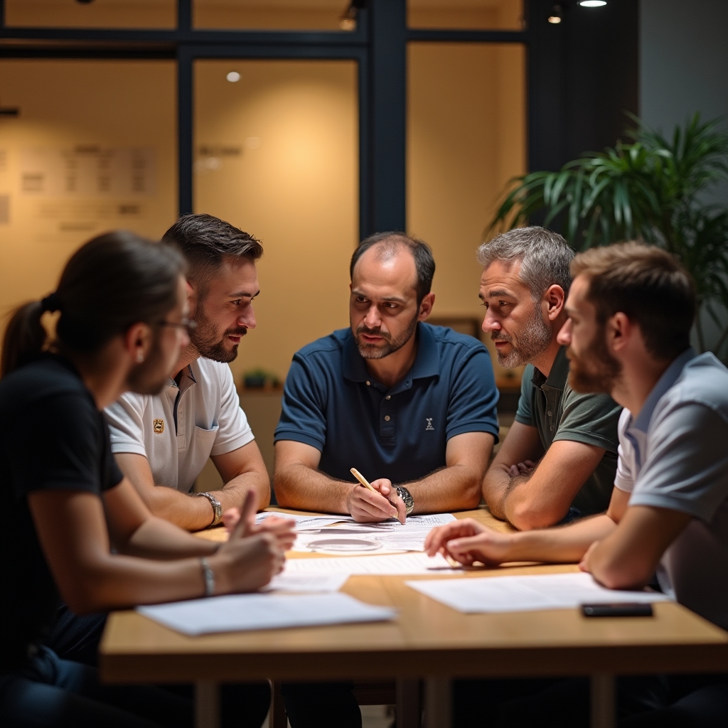 Gruppe von Handwerkern im Seminarraum beim Abendkurs