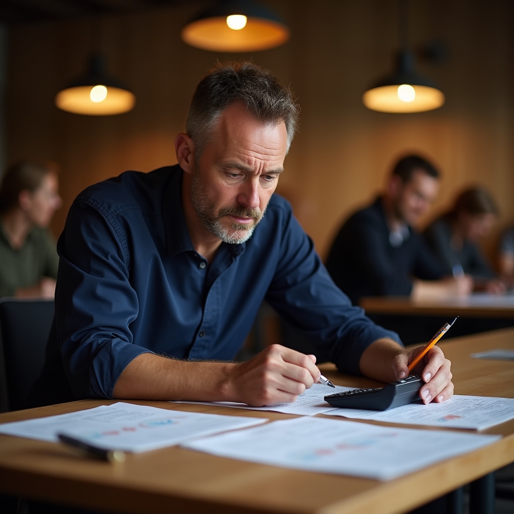 Handwerker arbeitet an Kalkulation im Abendkurs