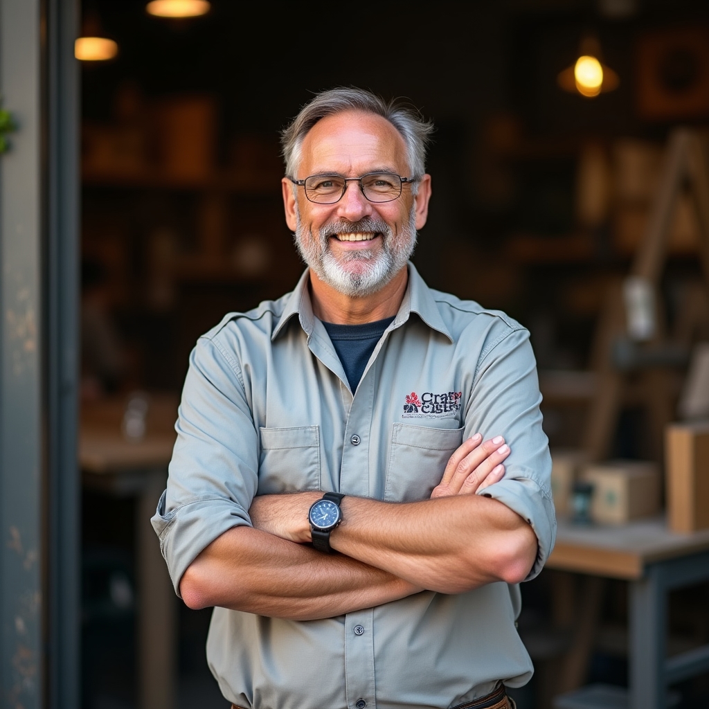 Handwerksinhaber mit Unterlagen vor seinem Betrieb